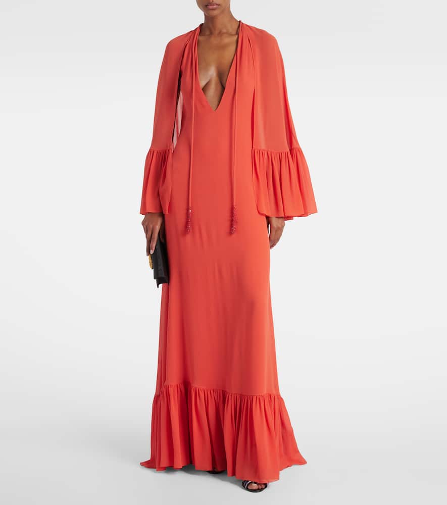 Caped silk georgette maxi dress