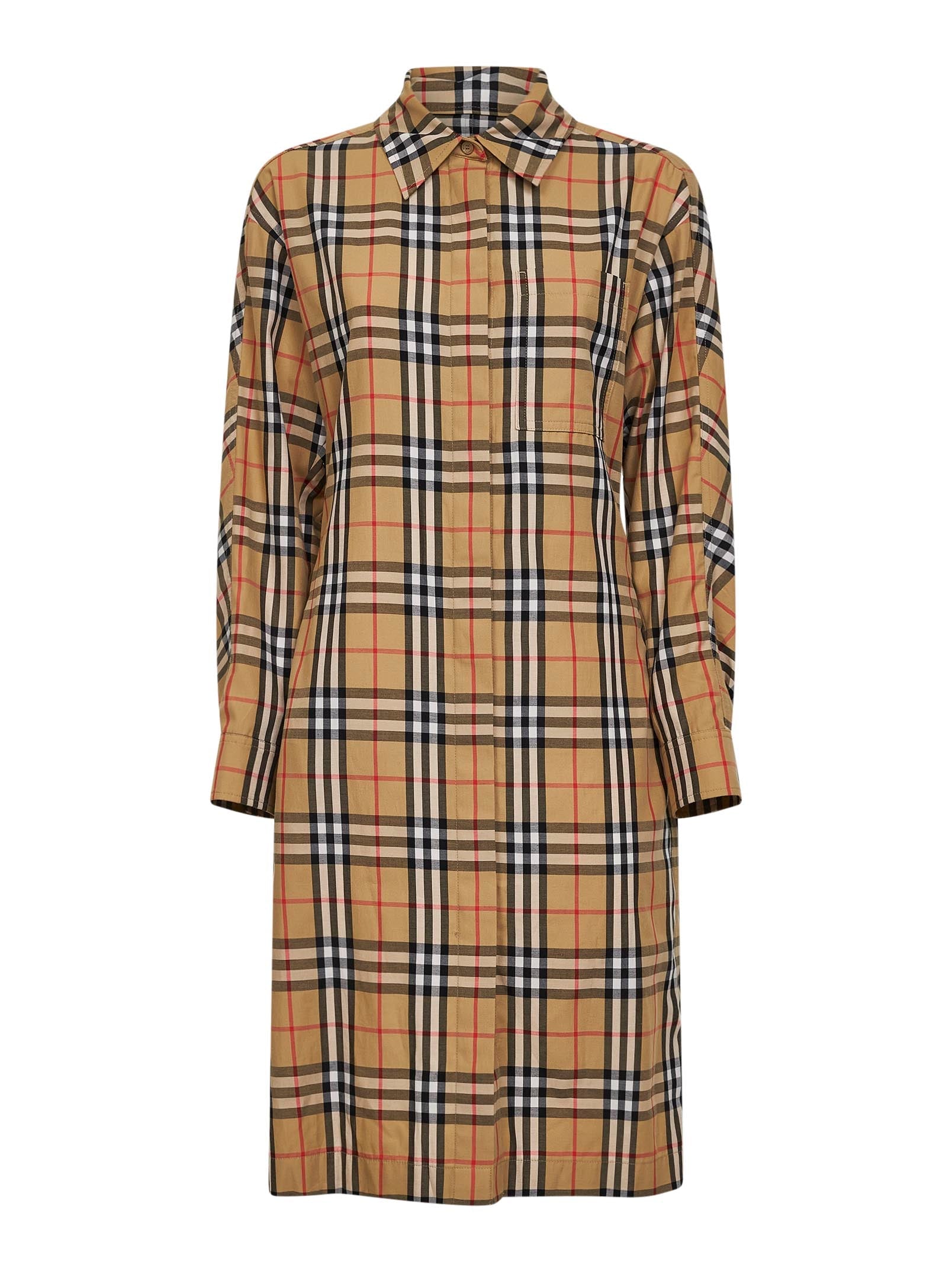 Check Cotton Shirt Dress — Beige