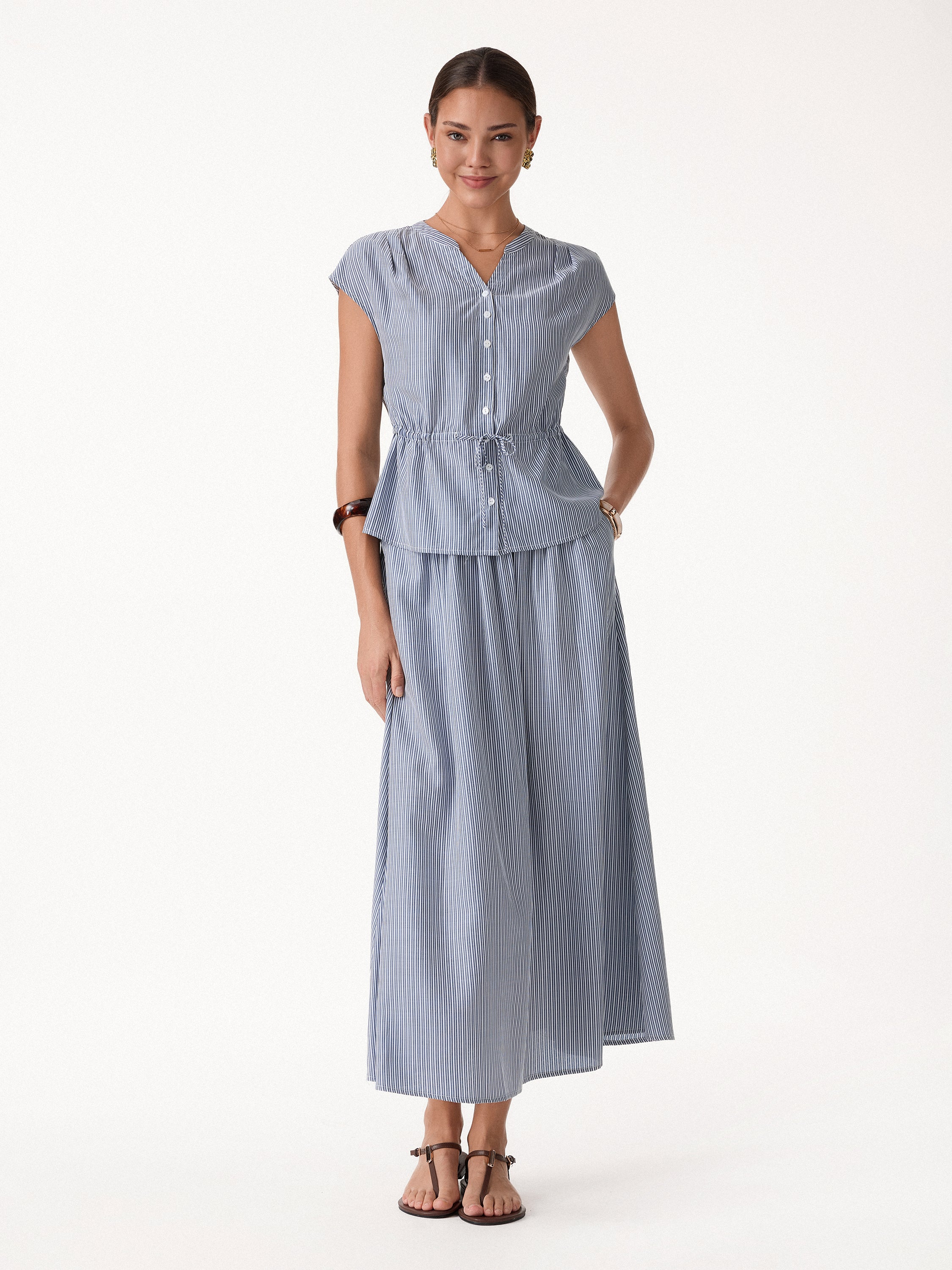 2Pcs Set Drawstring Waist Poplin Shirt & High Rise Midi Skirt with Pockets - Navy/White Stripe / XS
