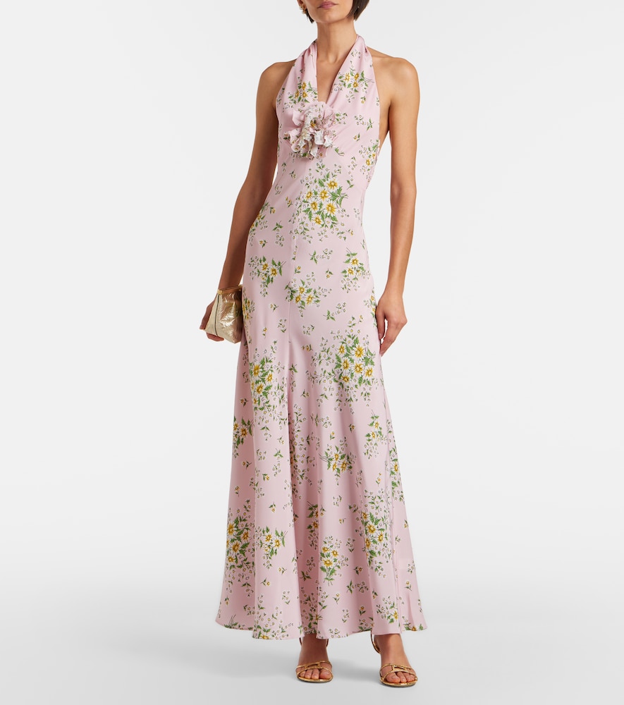 Floral-appliqué floral silk crêpe gown