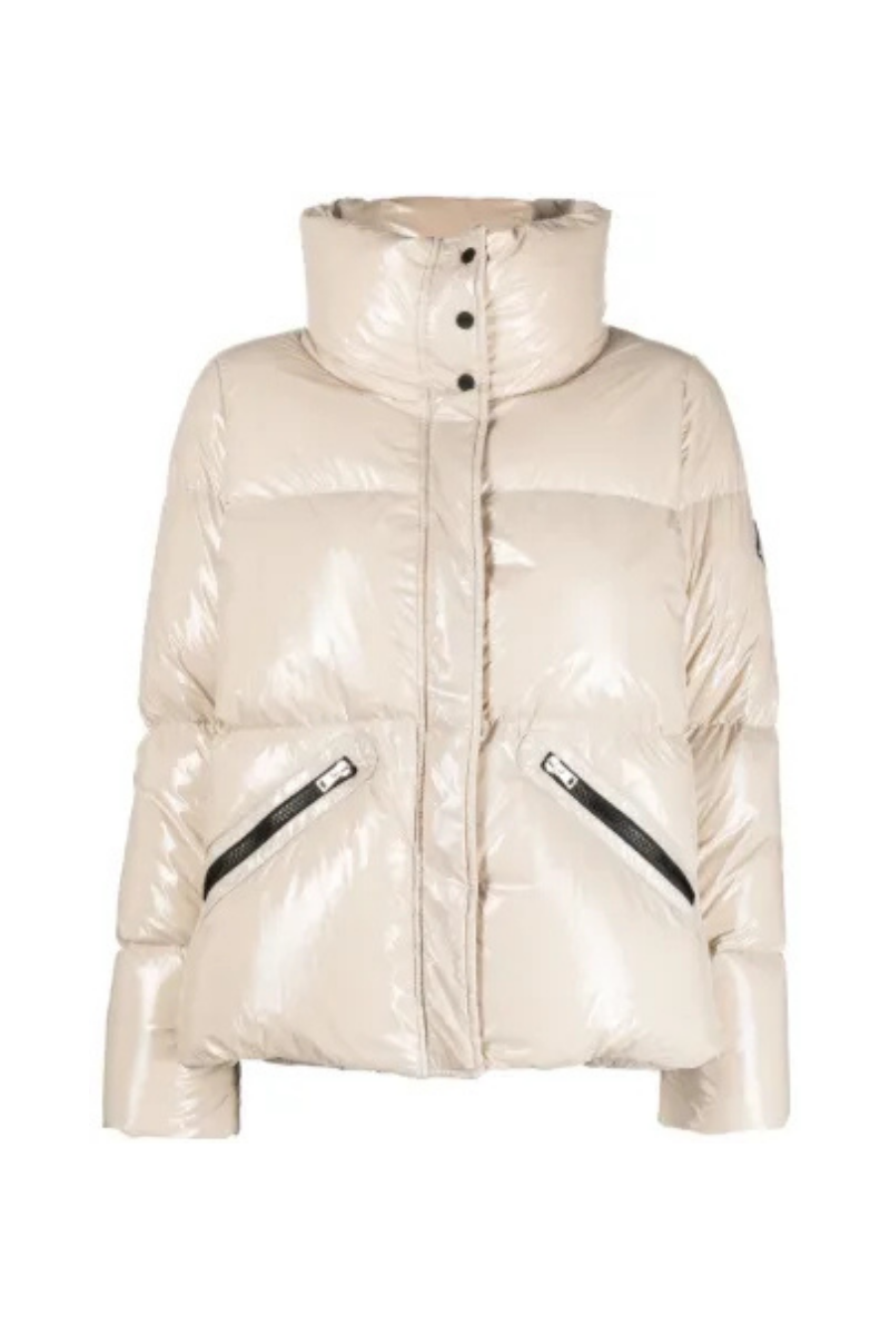 Funnel-Neck Quilted Down Down Jacket — Beige