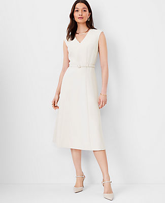 Ann Taylor The Petite Belted V-Neck Midi Dress in Fluid Crepe