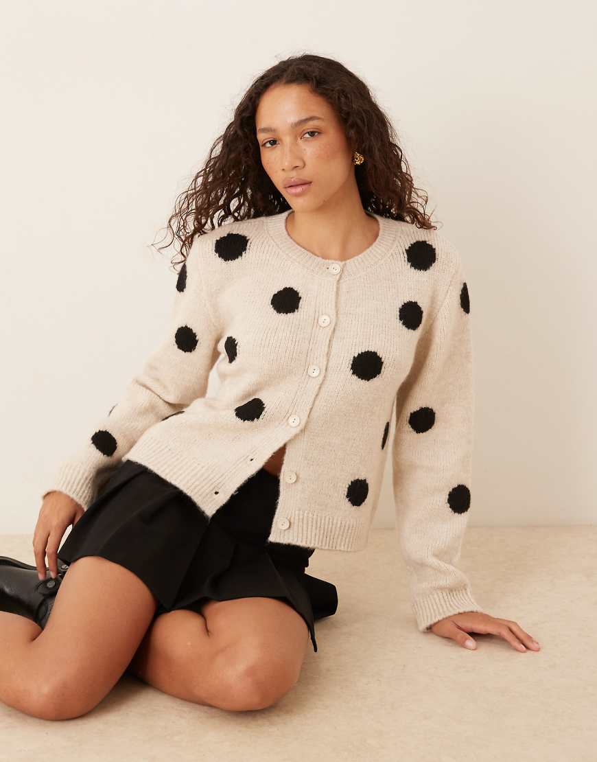 Knitted wool blend cardigan in polka dot-White