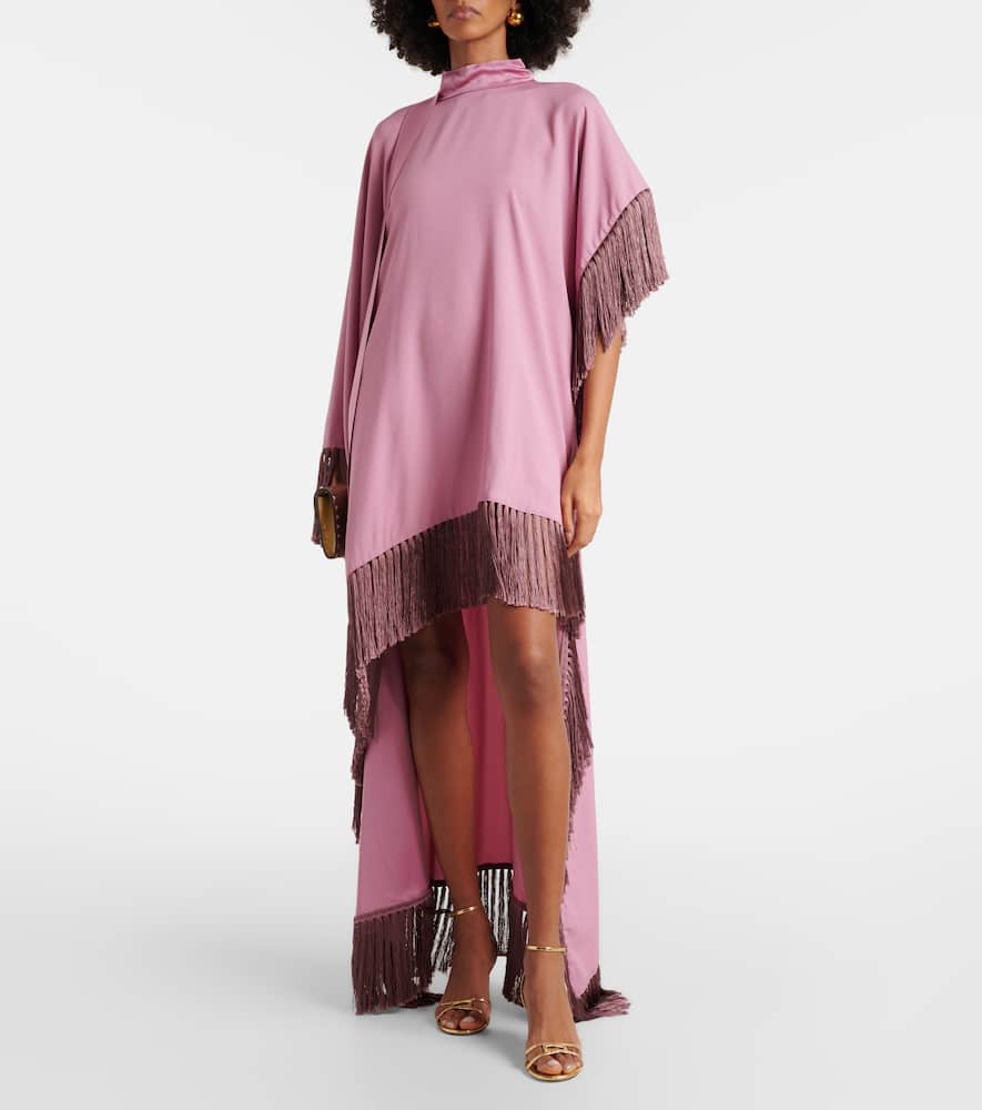 Asymmetric fringed satin kaftan