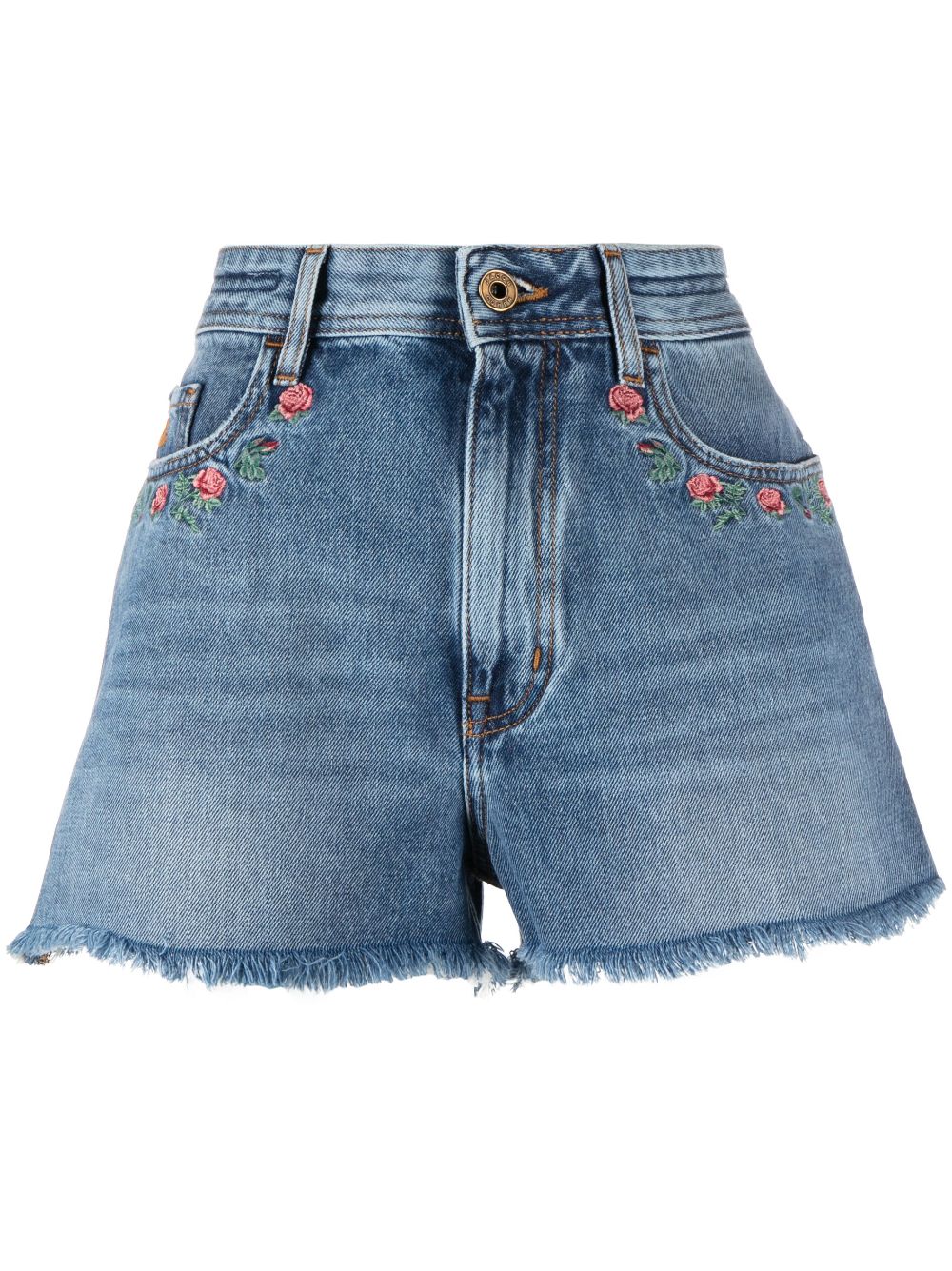 Floral-embroidered denim shorts - Blue