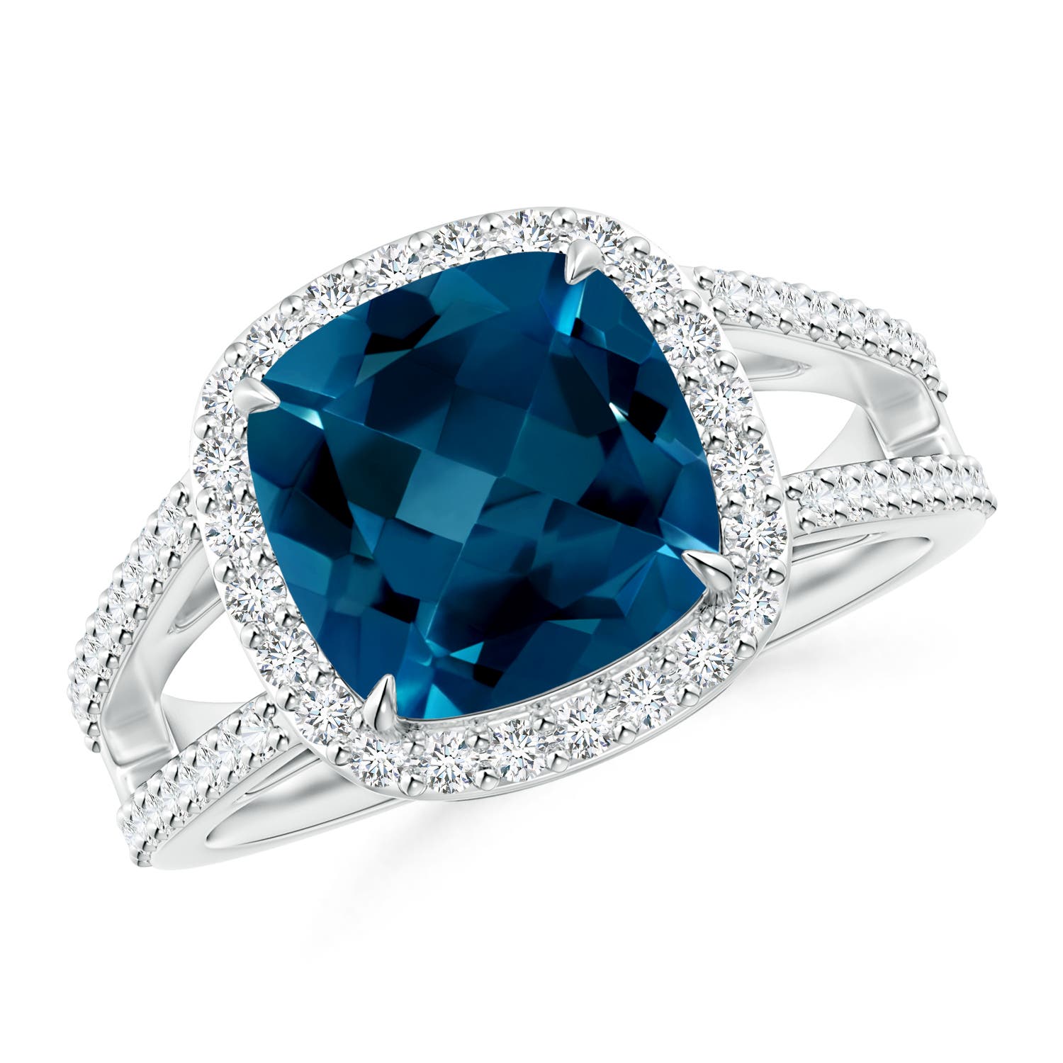 Angara 3.3 Carats Cushion London Blue Topaz Split Shank Ring with Diamond Halo in Platinum