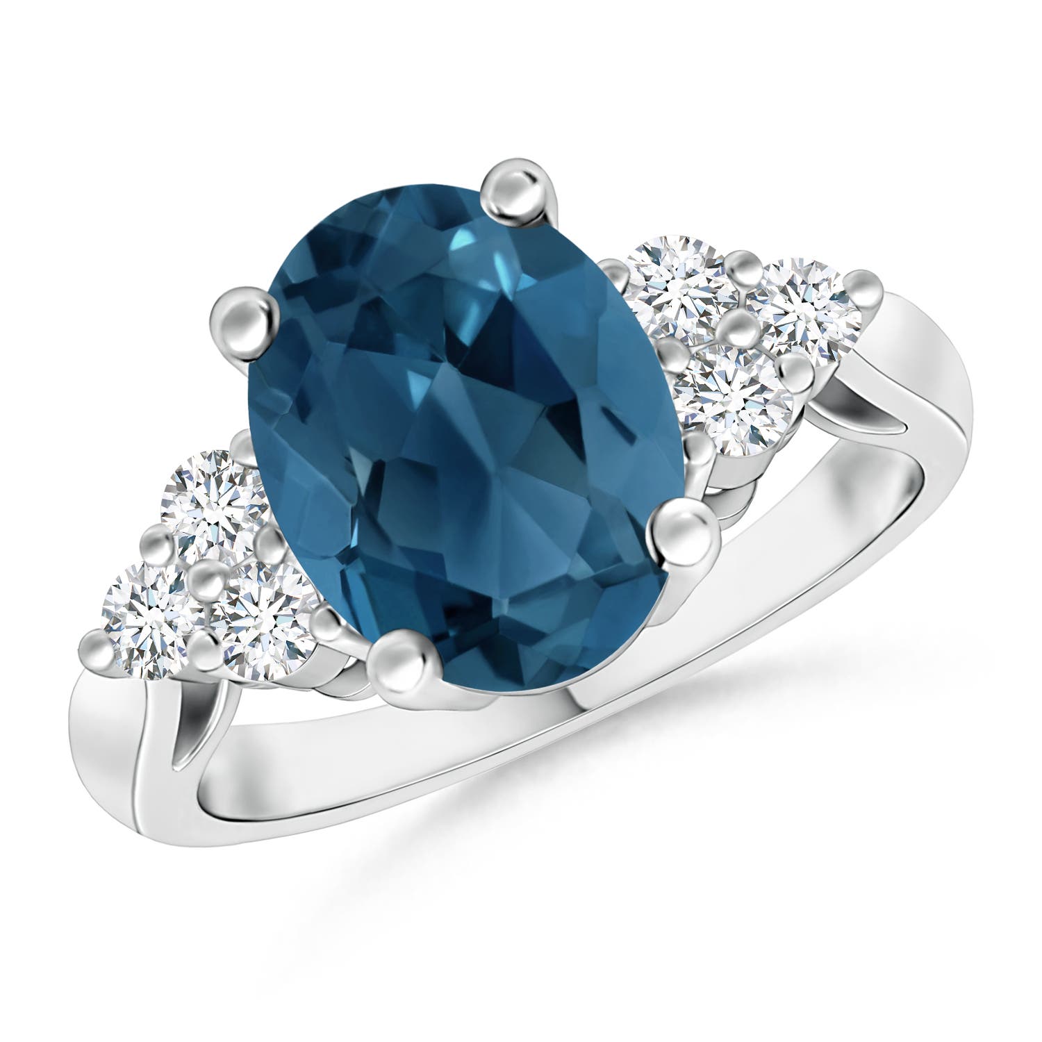 Angara 3.25 Carats Oval London Blue Topaz Cocktail Ring with Trio Diamonds in Platinum