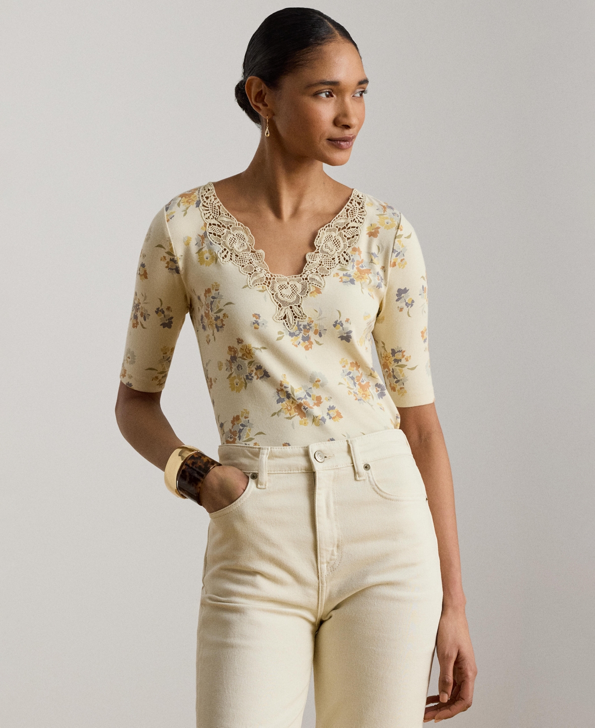 Women's V-Neck Floral Lace-Trim Rib-Knit Top - Cream Multi
