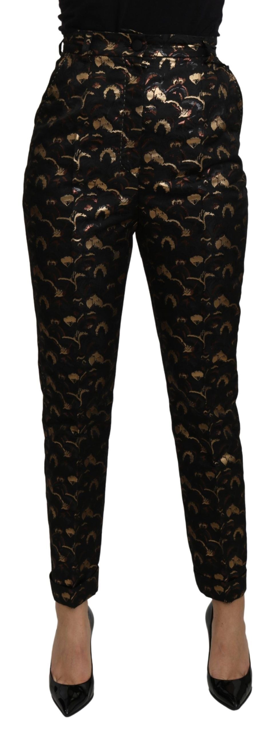 Black Gold Brocade High Waist Trousers — Black