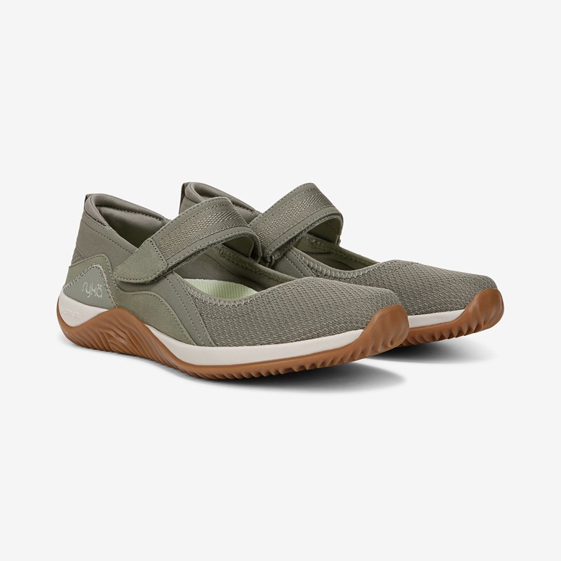 Echo Mary Jane Shoes Vetiver Green Mesh Fabric Arch Support, Lightweight