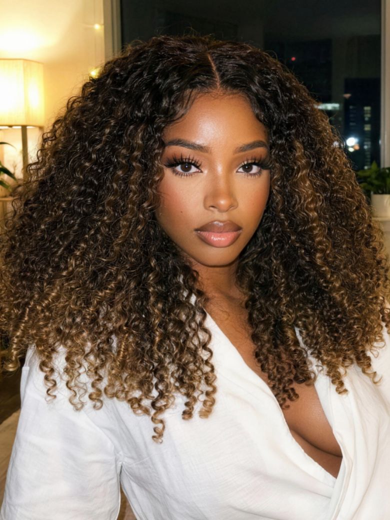 7x5 Bye Bye Slip™ Glueless Lace Black to Chestnut Brown Ombre Burmese Curly With Finger Coil Ends Wig With Drawstring