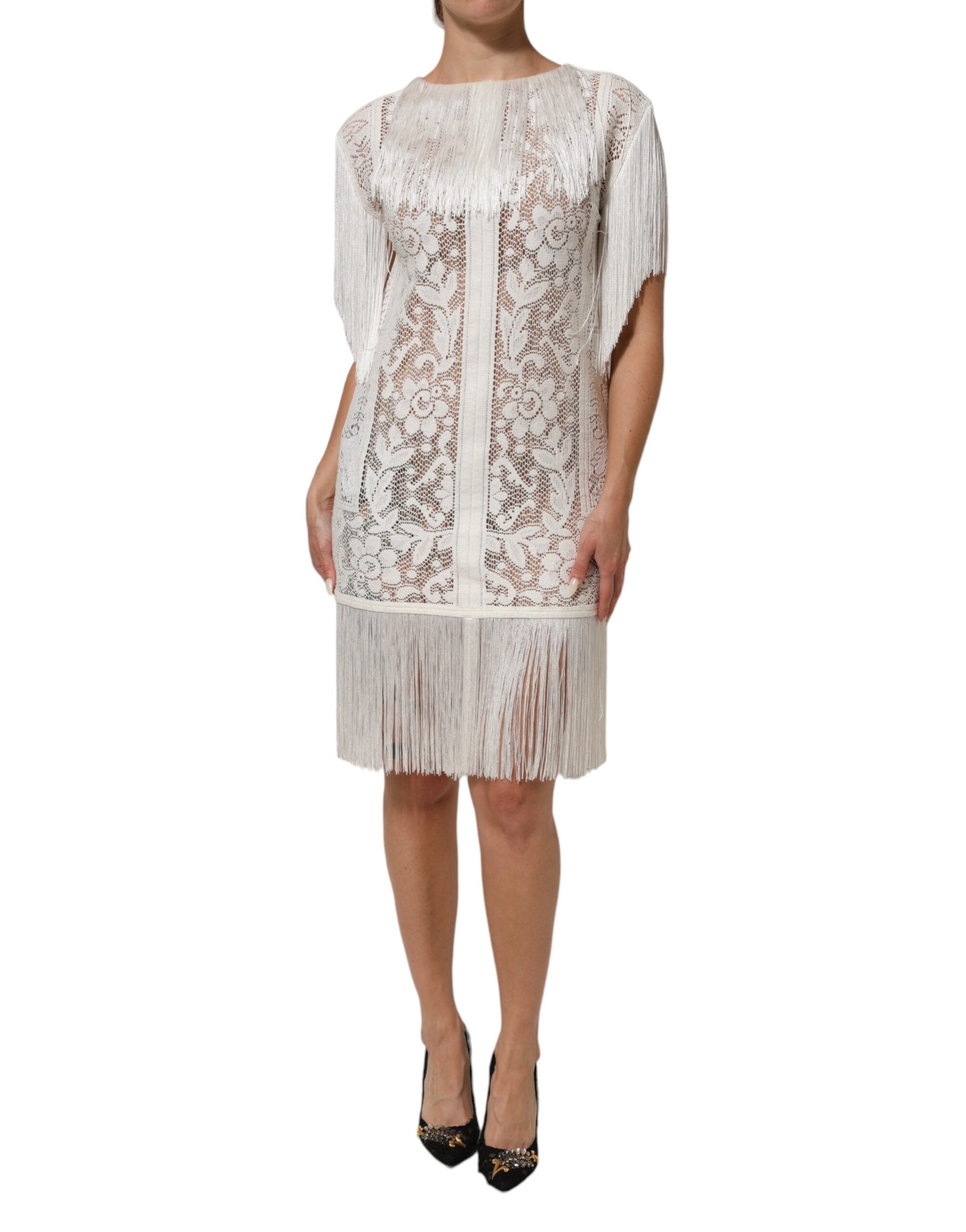 Floral Lace with Fringe Trim Dress — White