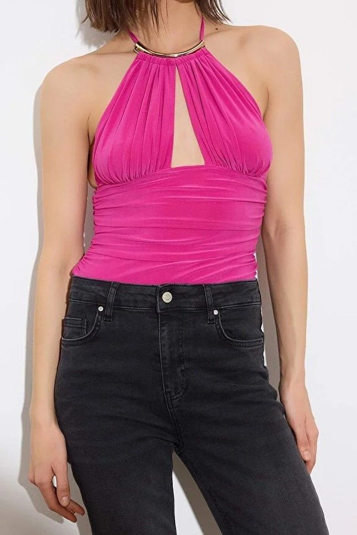 WOVCOR Women's Cut Out Halter Neck Sleeveless Fitted Bodysuit Top in Pink