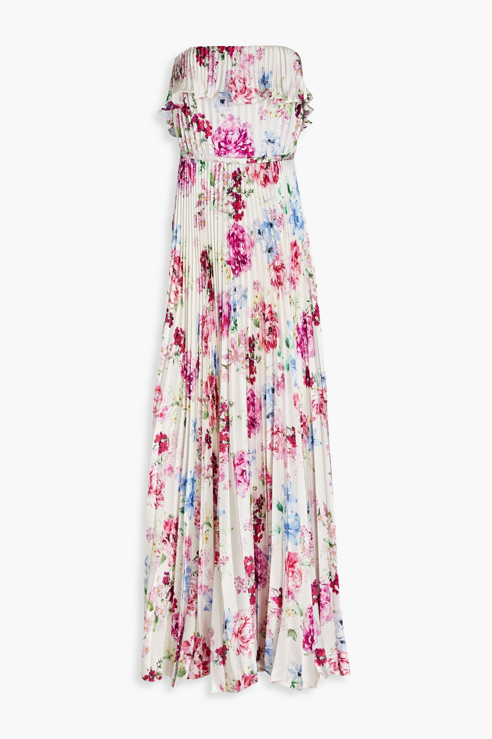 Strapless pleated floral-print hammered-satin maxi dress - Multicolor - US 10