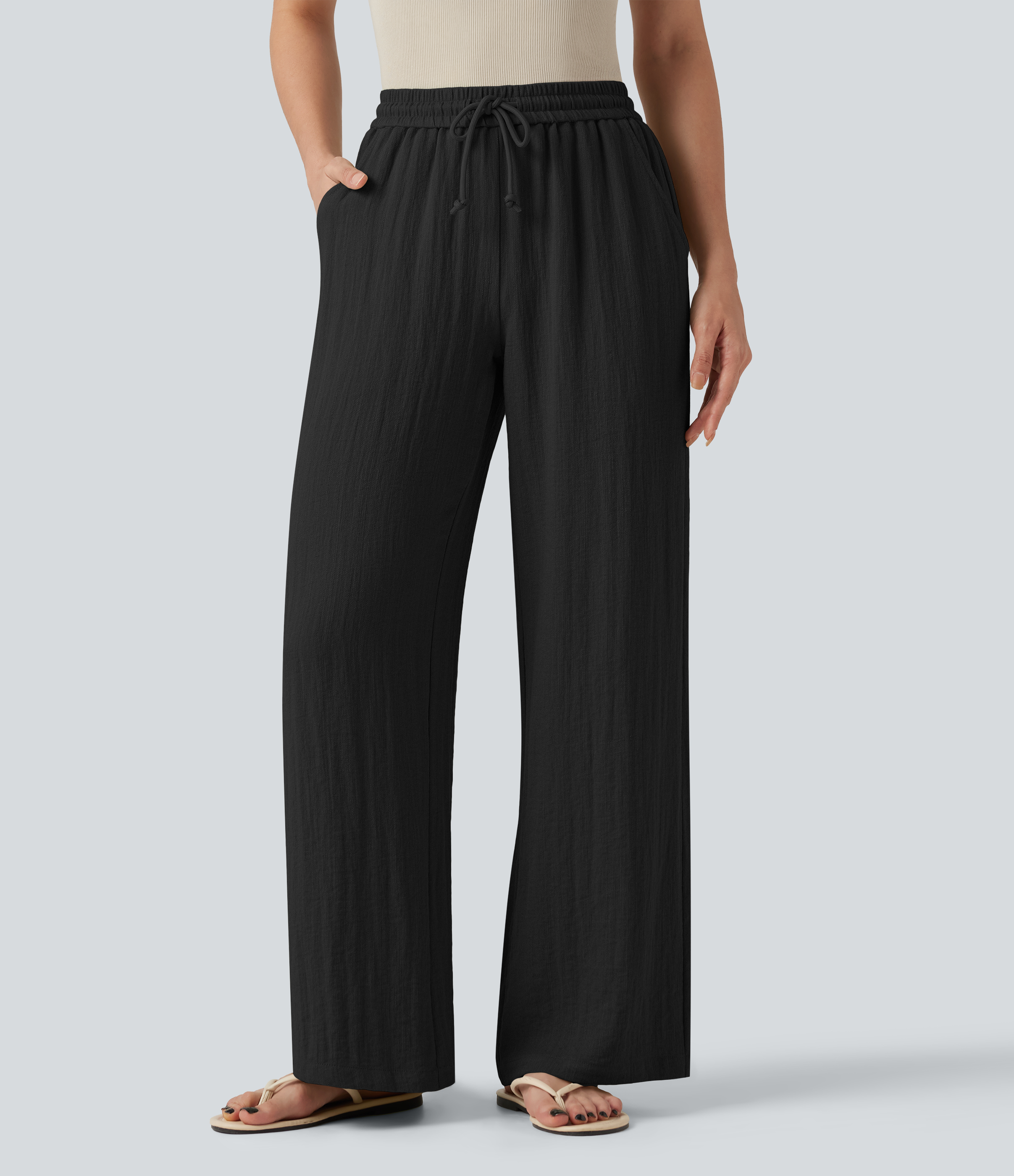 Low Rise Drawstring Wide Leg Baggy Casual Linen-Feel Pants with Pockets  - Black