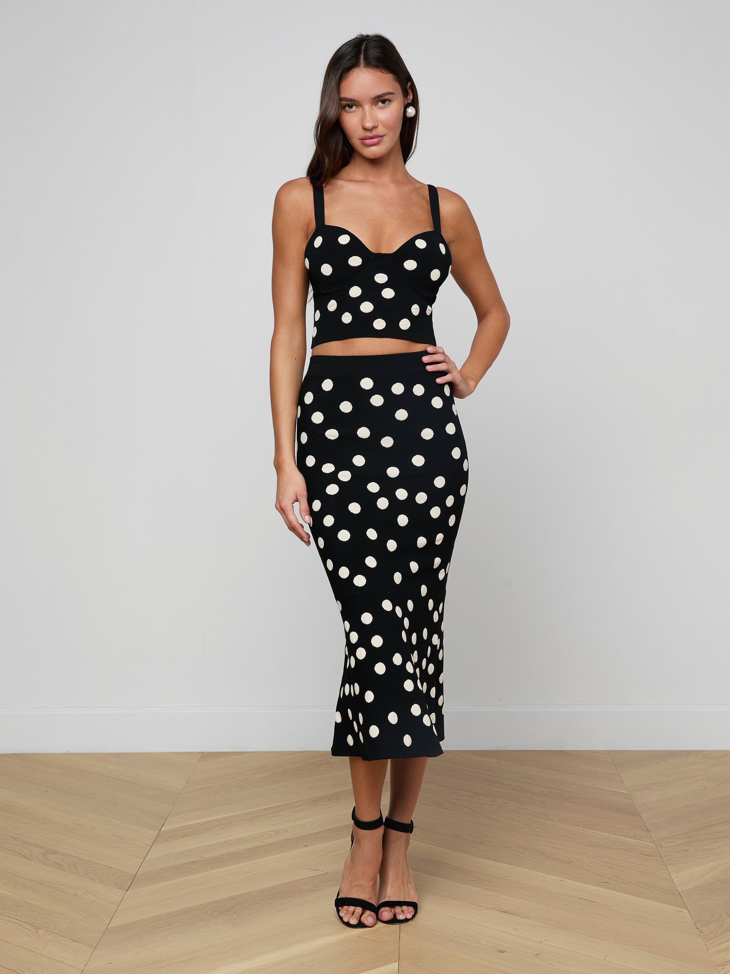 Mae Knit Flare Skirt In Black/ecru Polka Dot