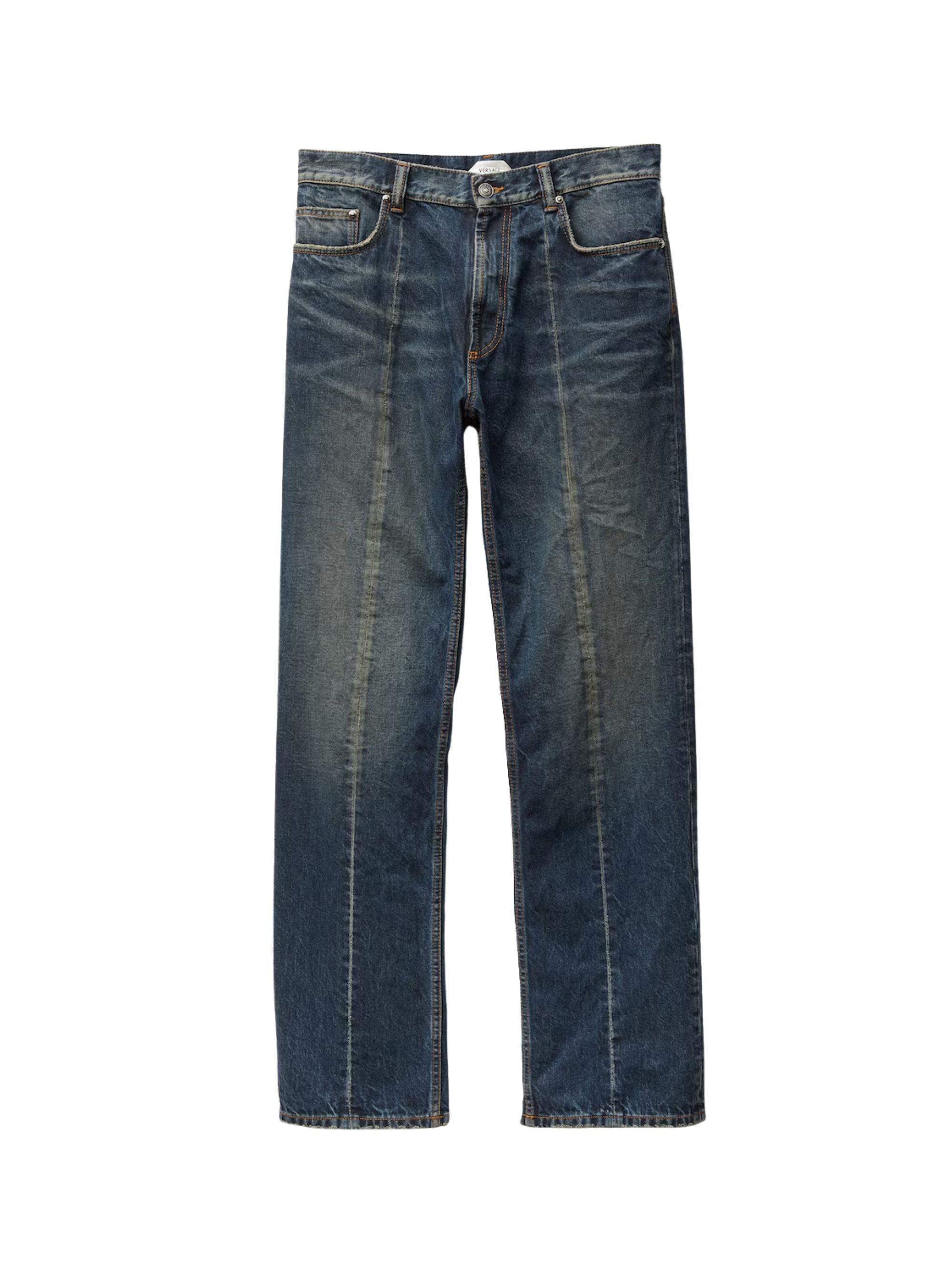 Distressed Cotton Jeans with Medusa Accent