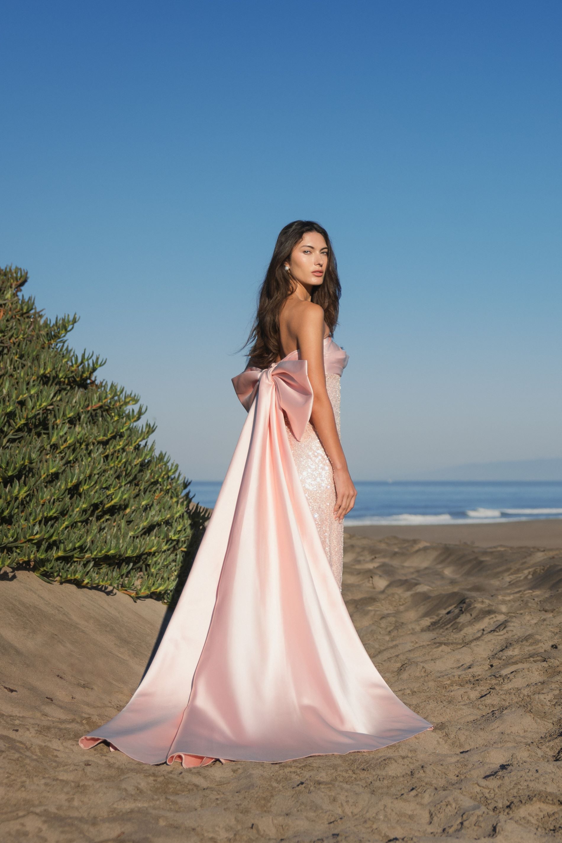 Pink Strapless Embellished Maxi Gown with Back Bow Detail Light Pink
