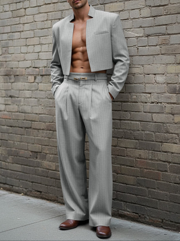 Men's Stripe Cropped Casual Two Pieces Outfit SKUL47873 - Light Gray / S
