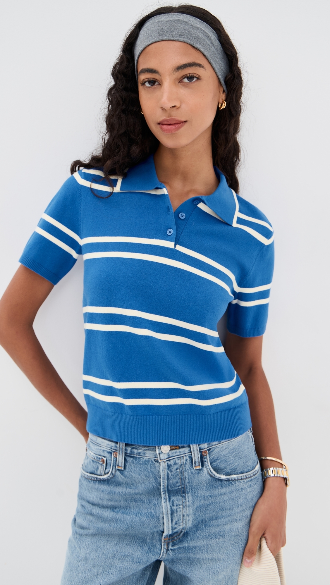 Short Sleeve Striped Polo Light Blue/Burnt Orange