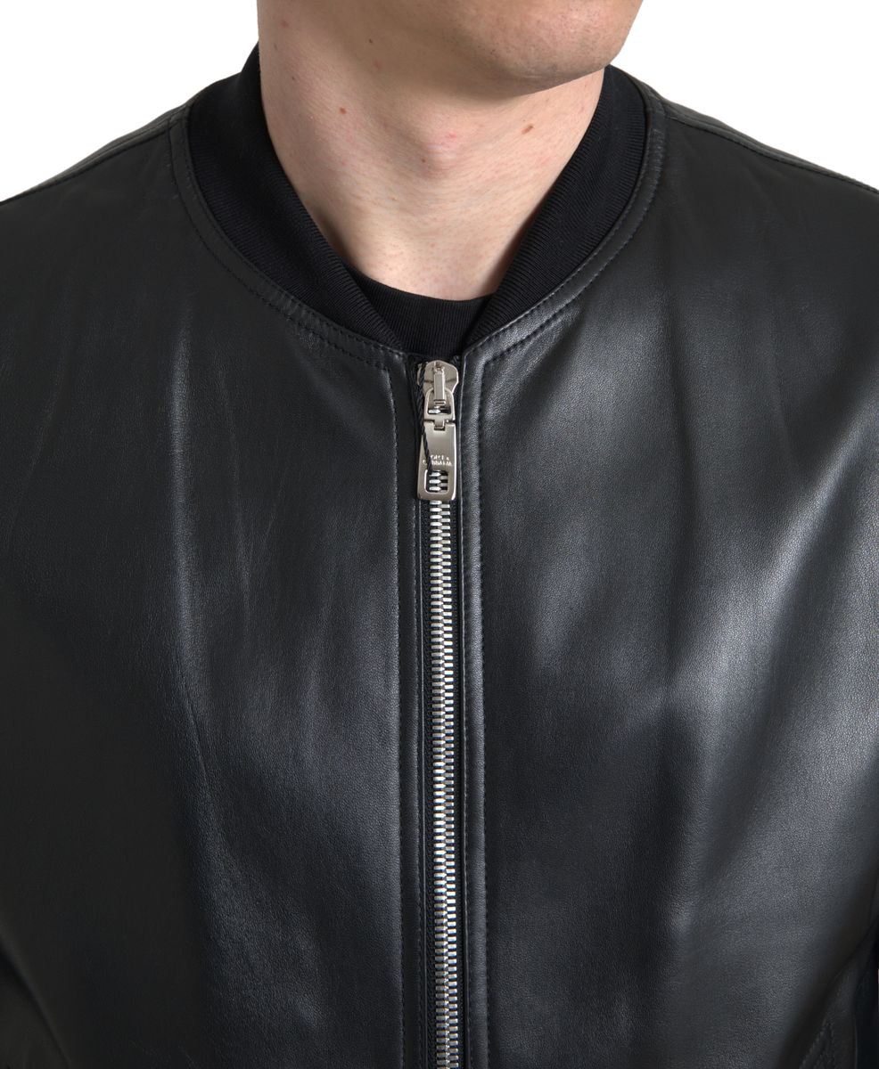 Lambskin Leather Bomber Jacket — Black