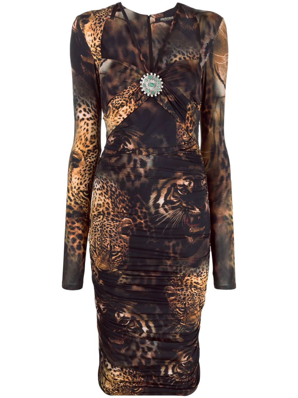 Ruched animal-print midi dress - Brown