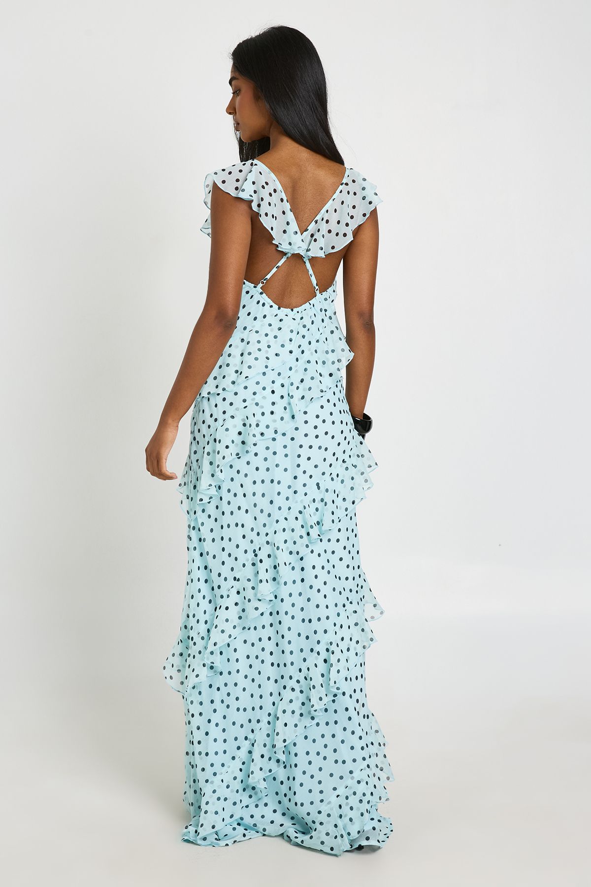 Boohoo Womens Chiffon Ruffle Polka Dot Strappy Maxi Dress - Blue