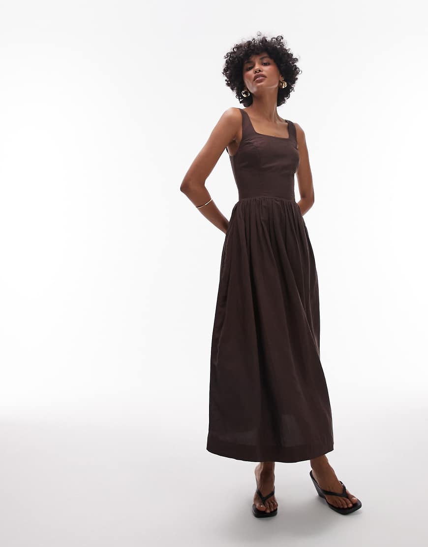 & midaxi dress with fitted bodice and volume hem in brown