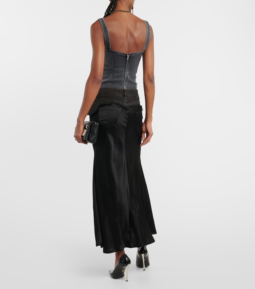 Denim-trimmed satin maxi skirt