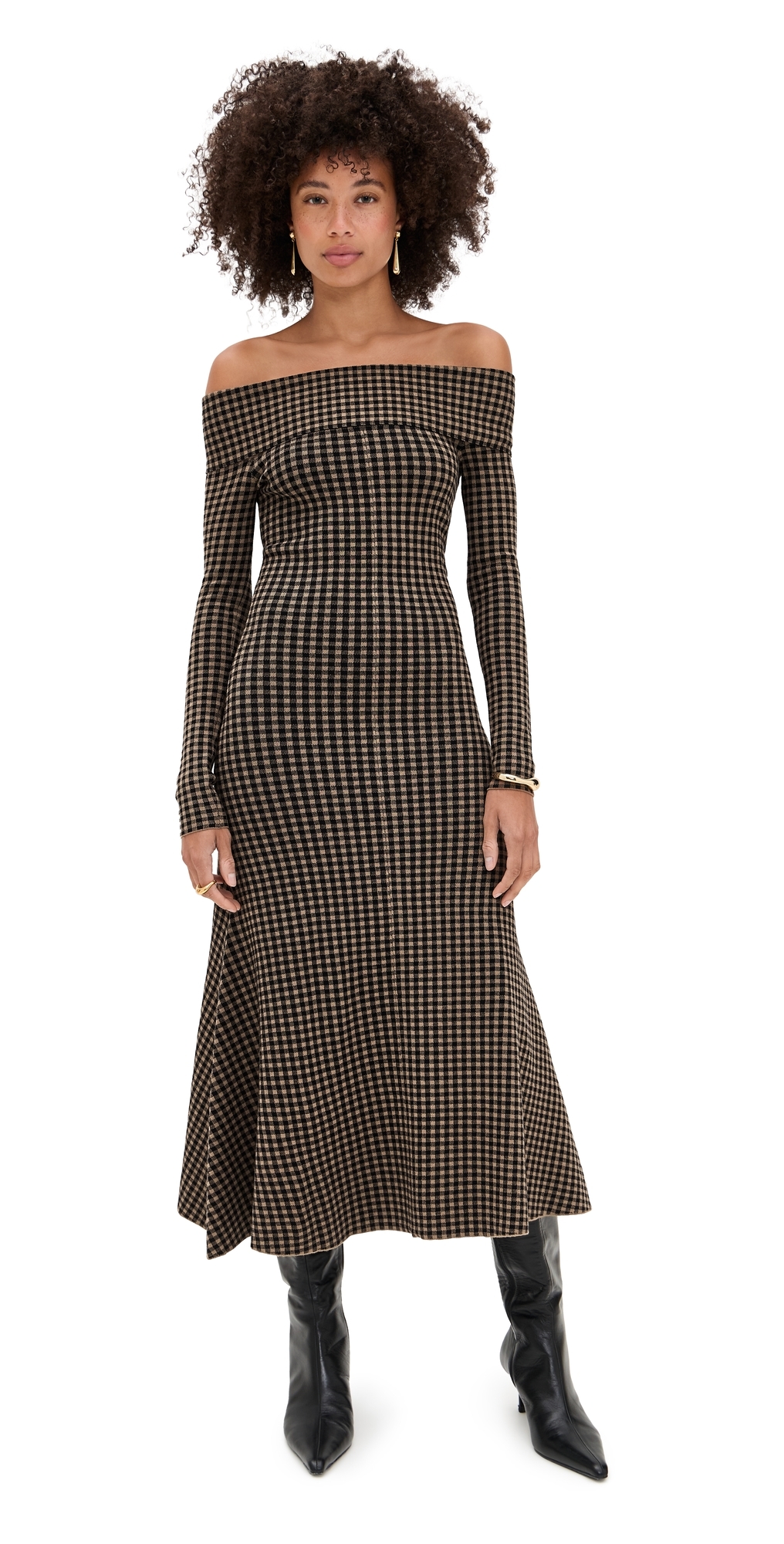 Gingham Knit Off Shoulder Dress Chocolate/Black