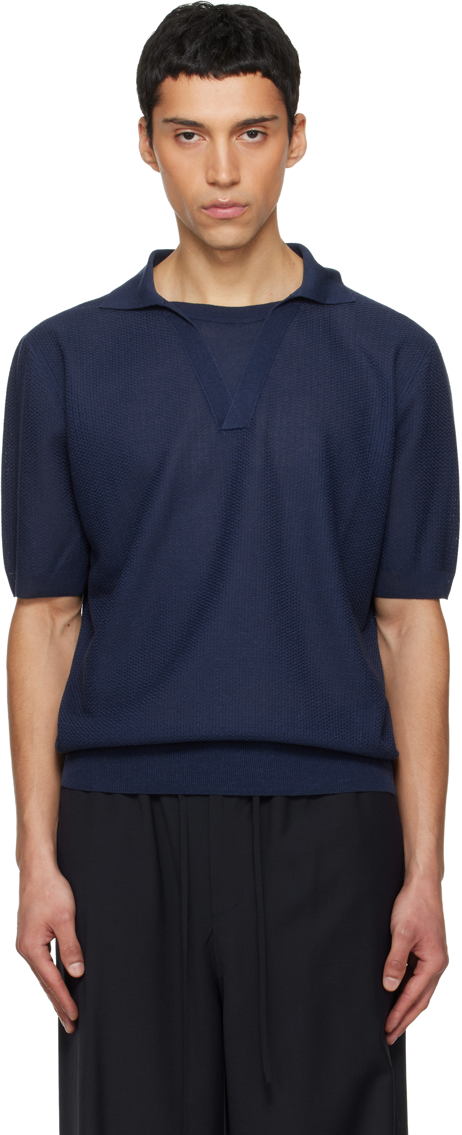 Navy Layered Neck Knit Polo