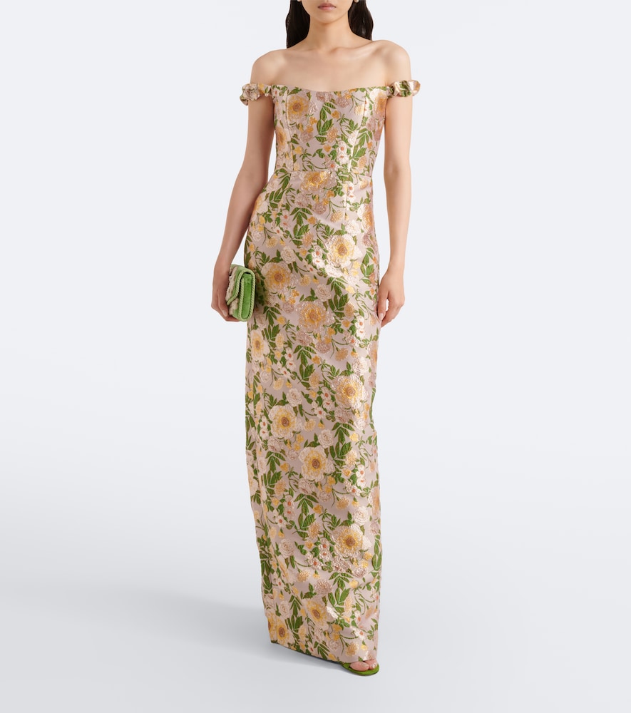 Off-shoulder floral brocade gown