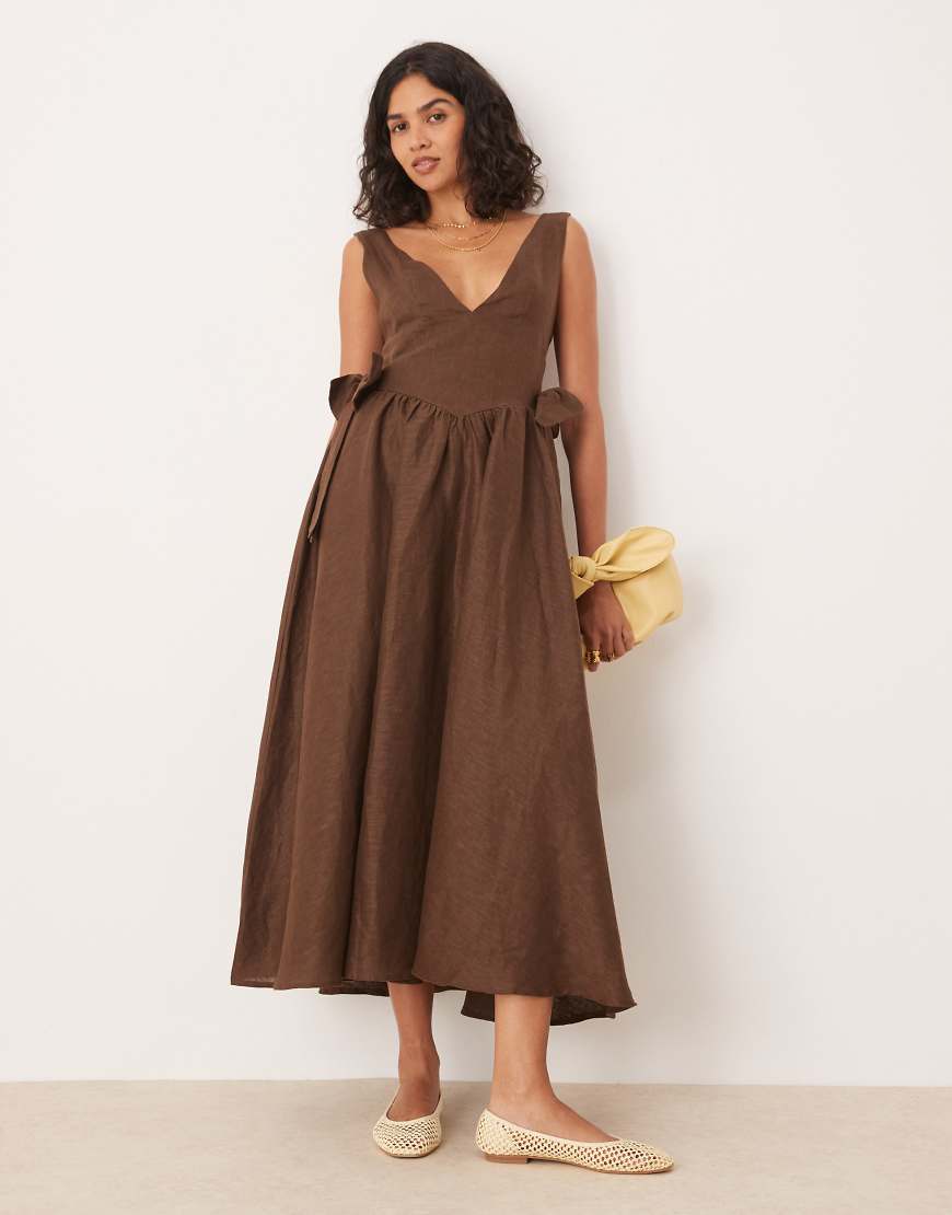 Daphne linen ruffle detail midi dress in chocolate brown