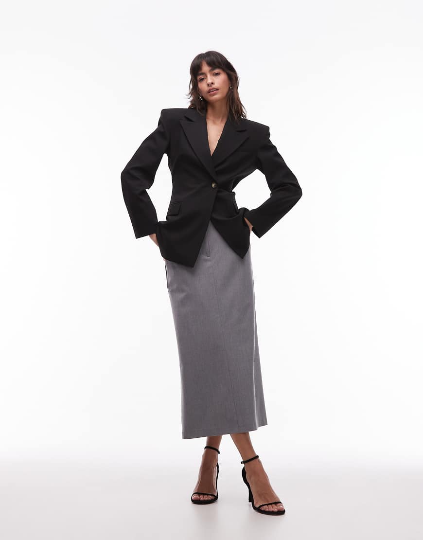 Tailored belted pencil midi skirt in grey melange