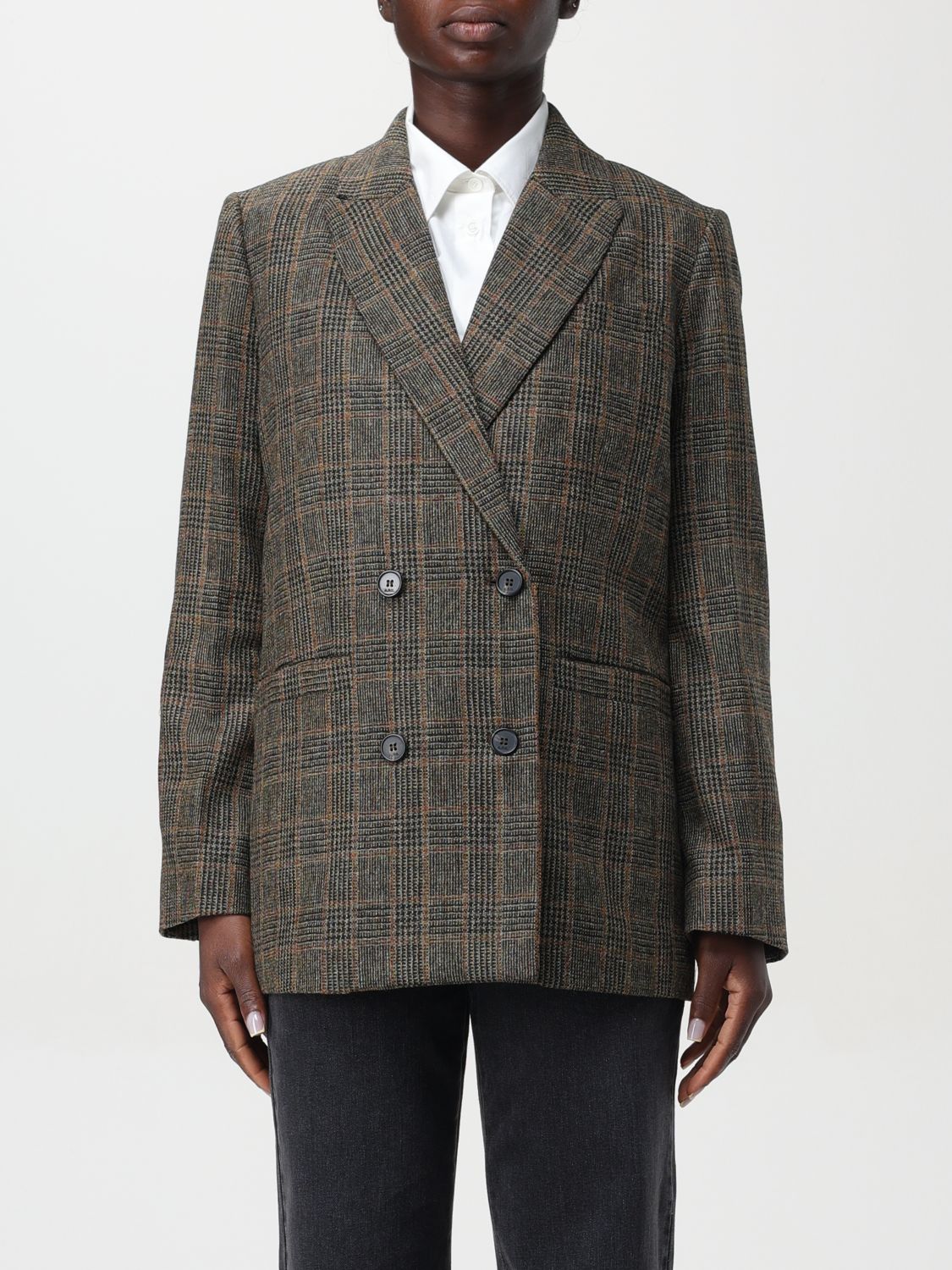 Checked wool double-breasted blazer - Brown