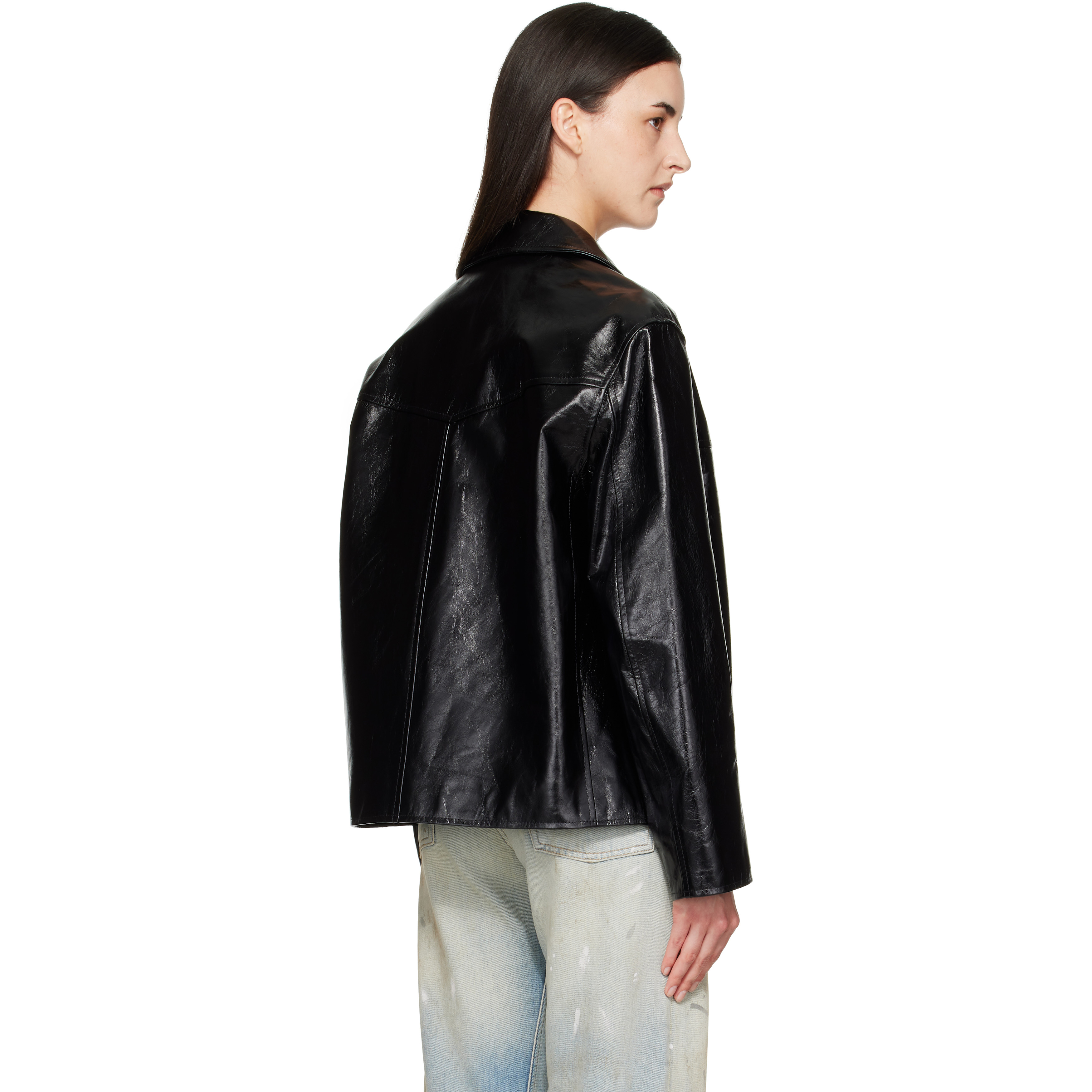 Black Curve Flap Leather Jacket