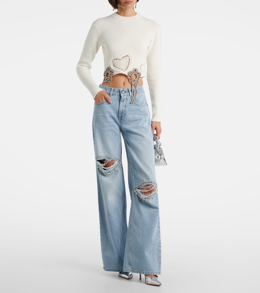 Distressed embellished wide-leg jeans