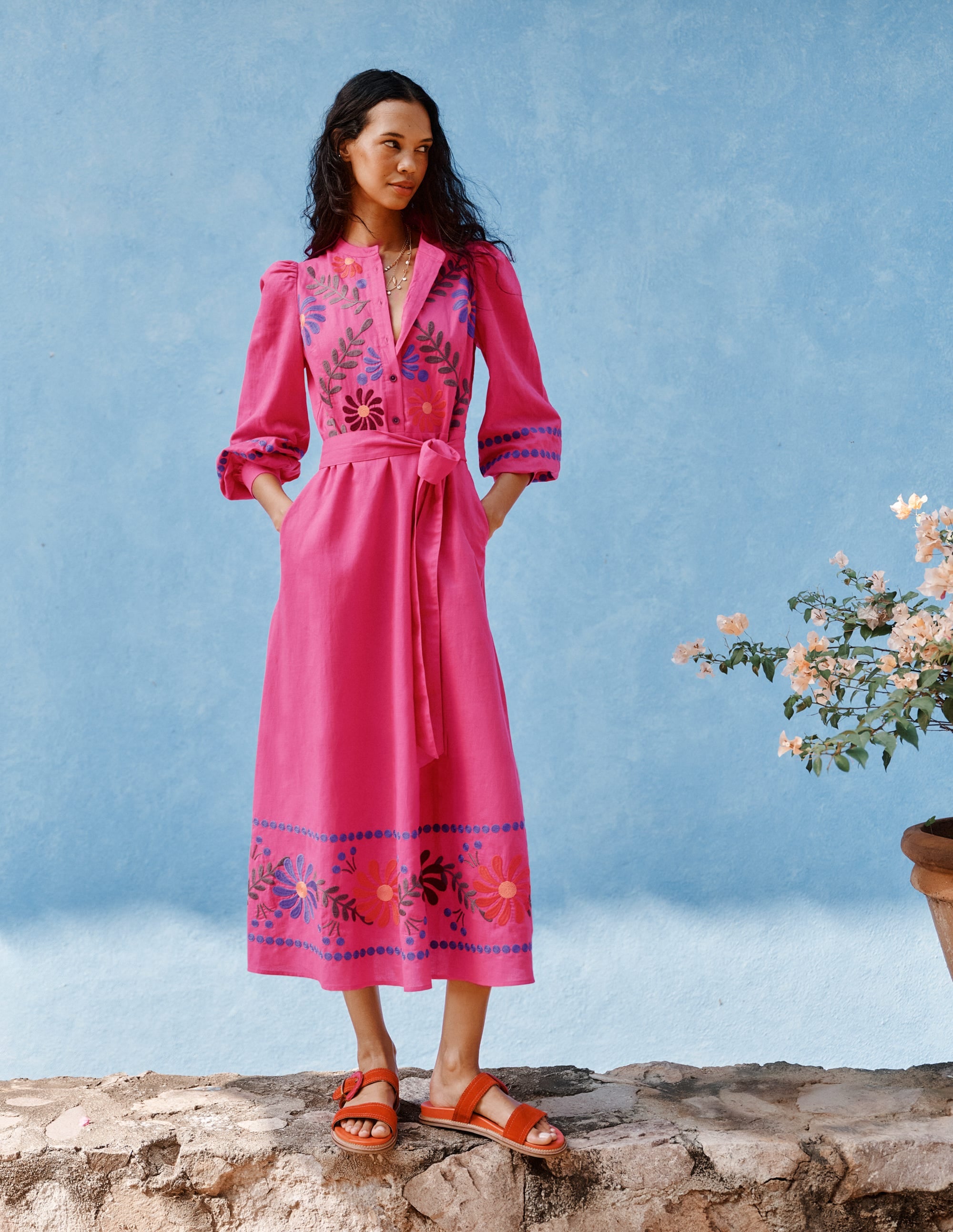 Women's Ava Linen Blend Midi Dress in Pink | Size 0
