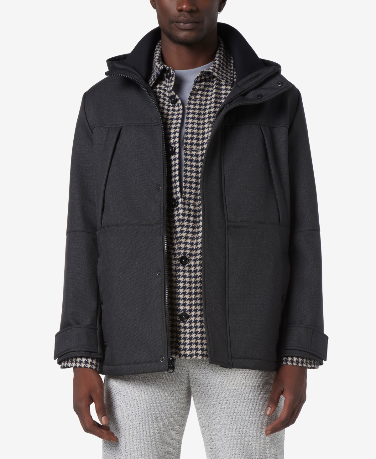 Men's Tompkins Micro-Houndstooth Fleece-Lined Soft Shell Hooded Parka - Black