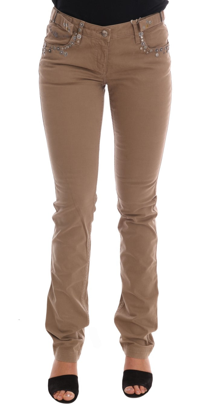 Studded Cotton-Stretch Slim-Fit Jeans — Beige