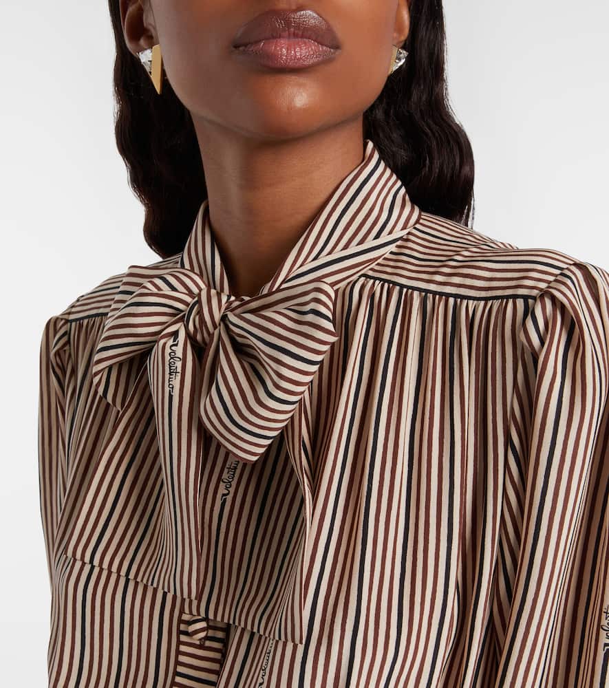 Striped tie-neck silk midi dress