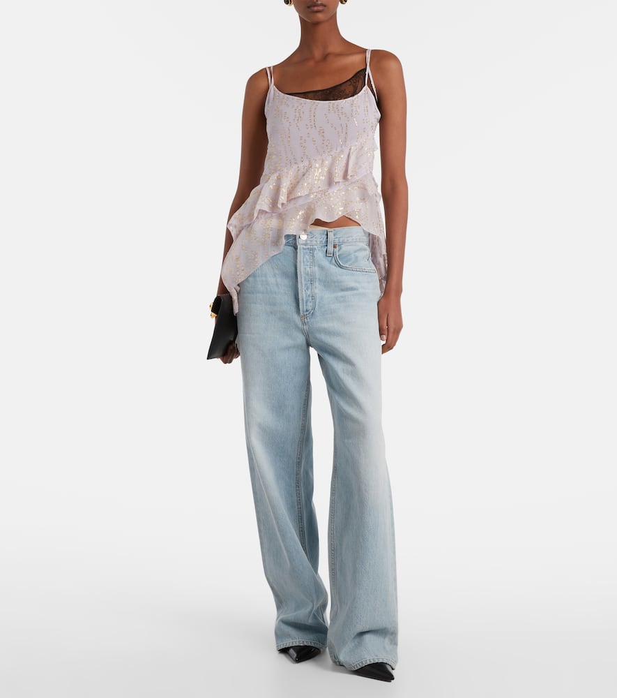 Printed ruffled asymmetric silk-blend top