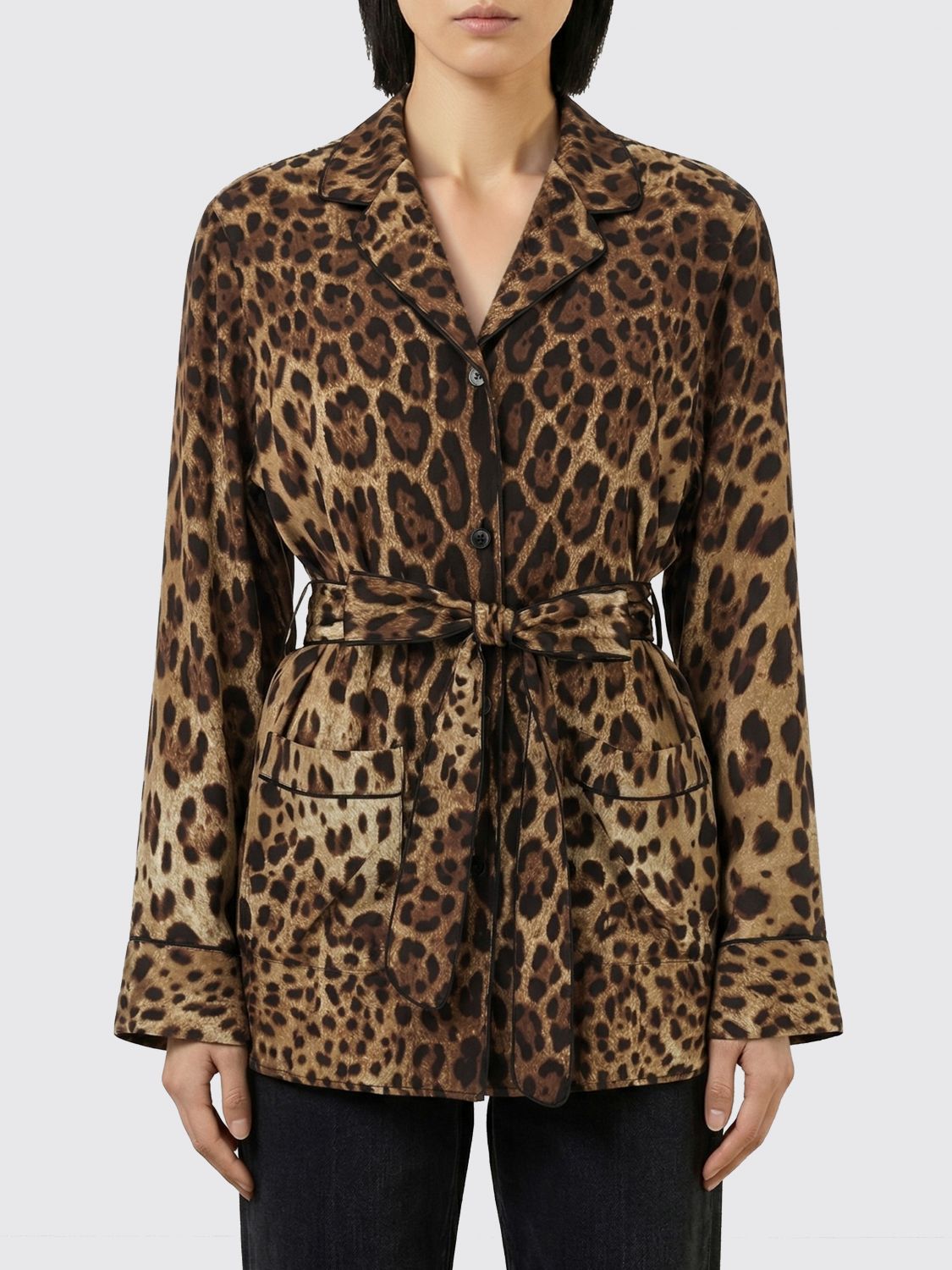 Leopard-print satin pajama shirt - Brown