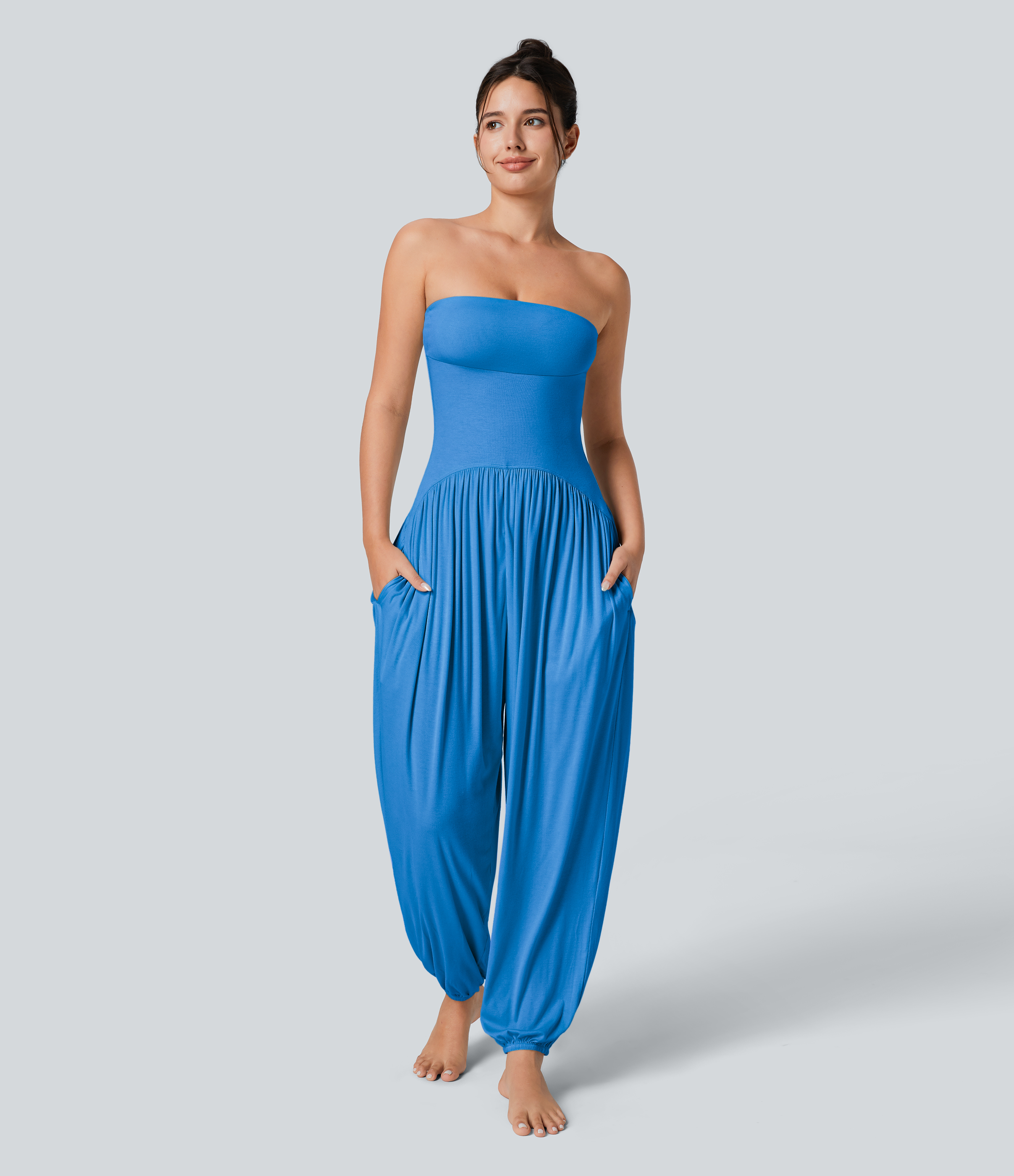 Ribbed Tube Backless Side Pocket Casual Jumpsuit  - Clear Sunny Blue