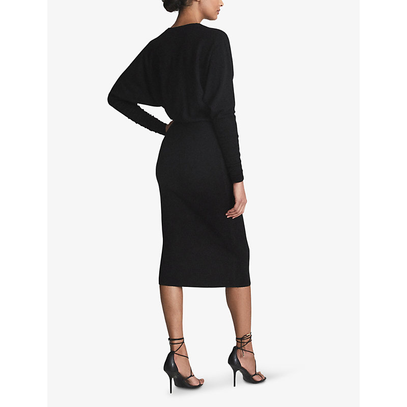 Womens Black Jenna Ruched Knitted Midi Jumper Dress
