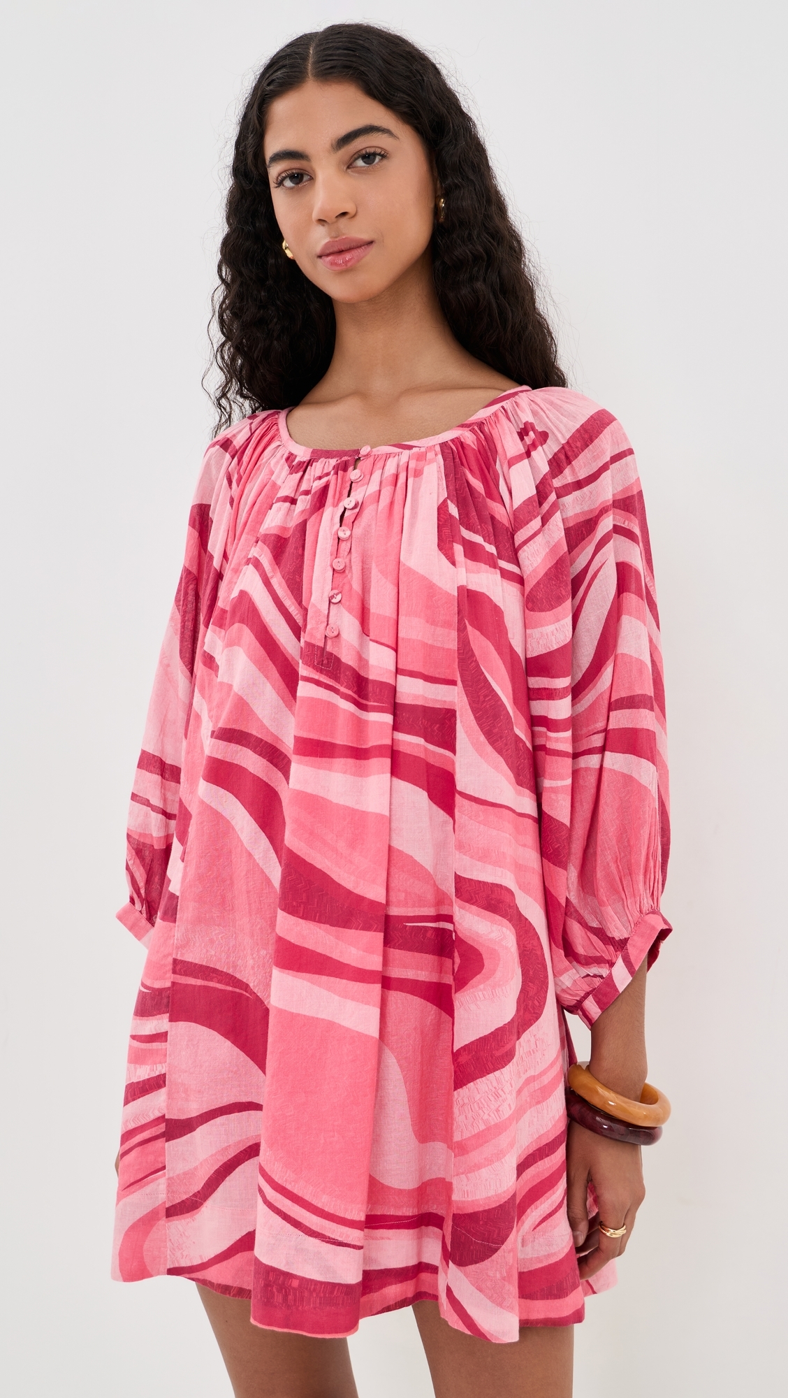 Shirred Half Placket Mini Dress Sunrays Sunset Waves One Size