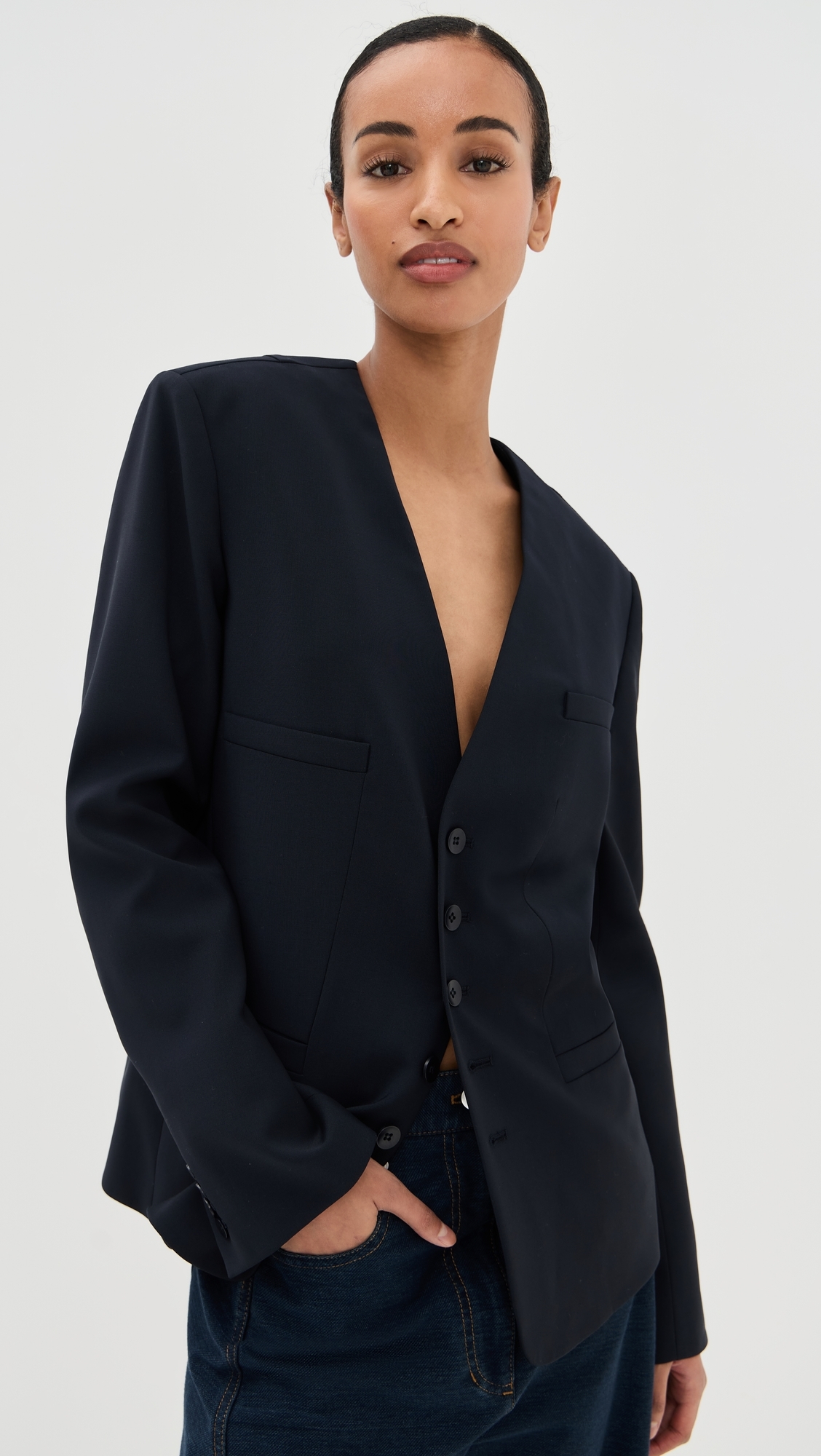 Tibi Tropical Wool Collarless Blazer Navy