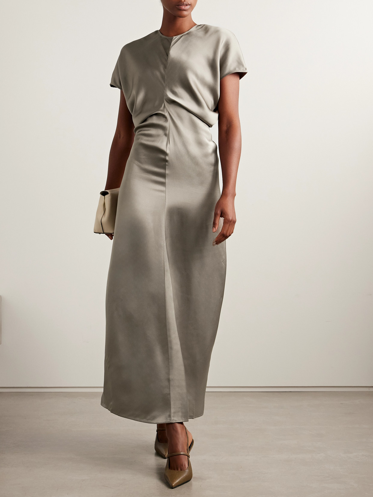 Draped Satin Maxi Dress - Brown