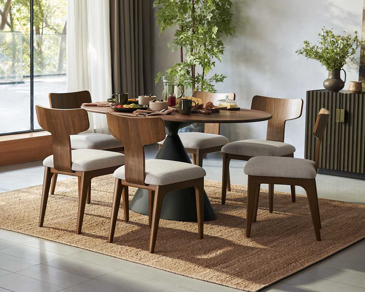 "Forma Walnut Oval Dining Table, 59.1"", Durable, Sculptural Base, Multi Color"