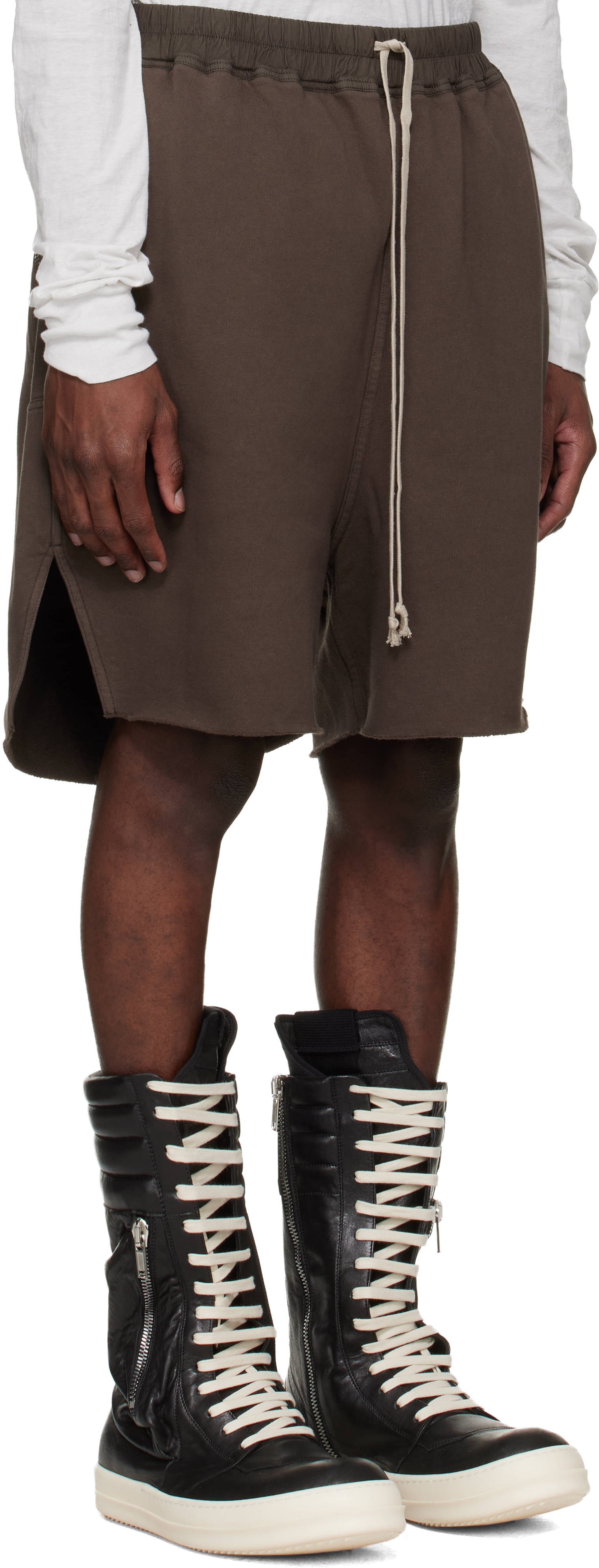 Brown Temple Long Boxers Butt Zip Shorts